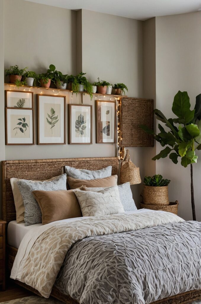 An affordable small bedroom with thrifted furniture and DIY decor in a neutral color scheme.