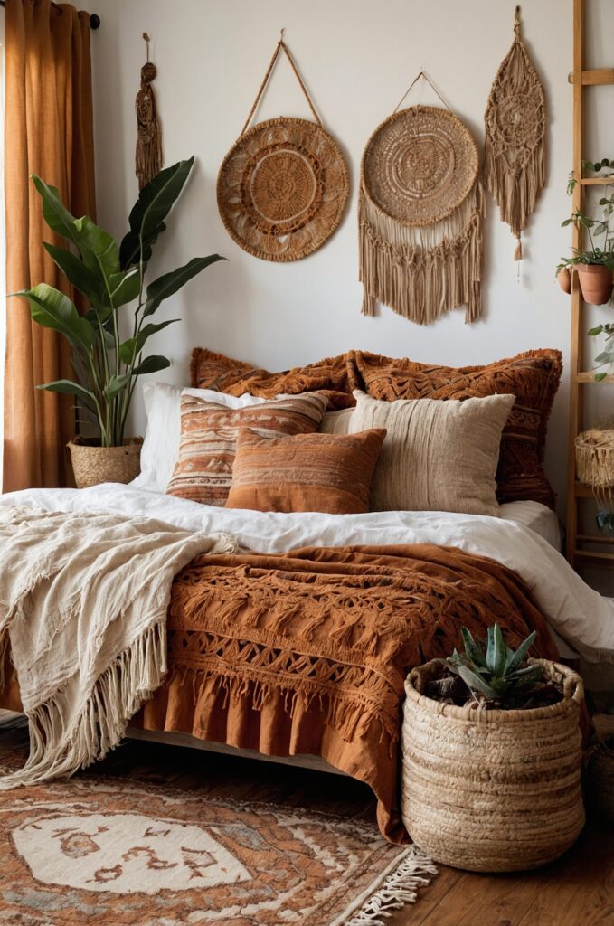 A boho small room designed as an aesthetic bedroom with eclectic textiles and vibrant decor.