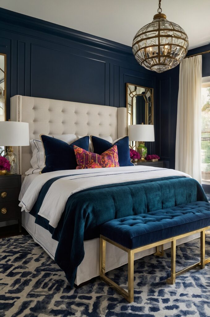 A bold small room designed as an aesthetic bedroom with vibrant colors and unique patterns.