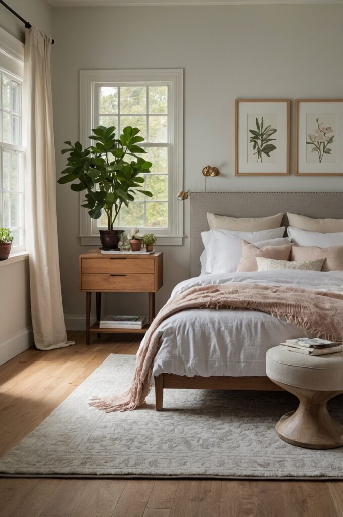 A bright and airy small room that serves as an aesthetic bedroom with large windows and light colors.