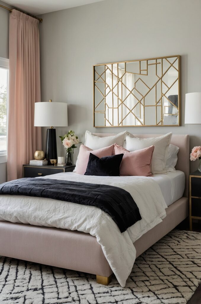 A chic small room designed as an aesthetic bedroom with modern decor and bold accents.