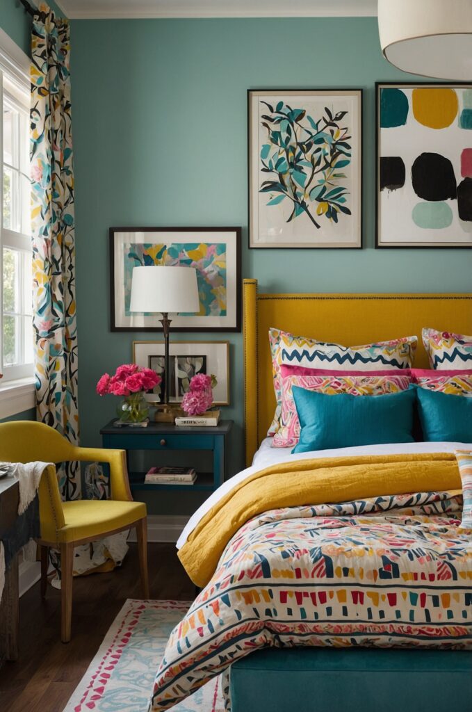 A color-blocked small bedroom with bold wall colors and vibrant decor.