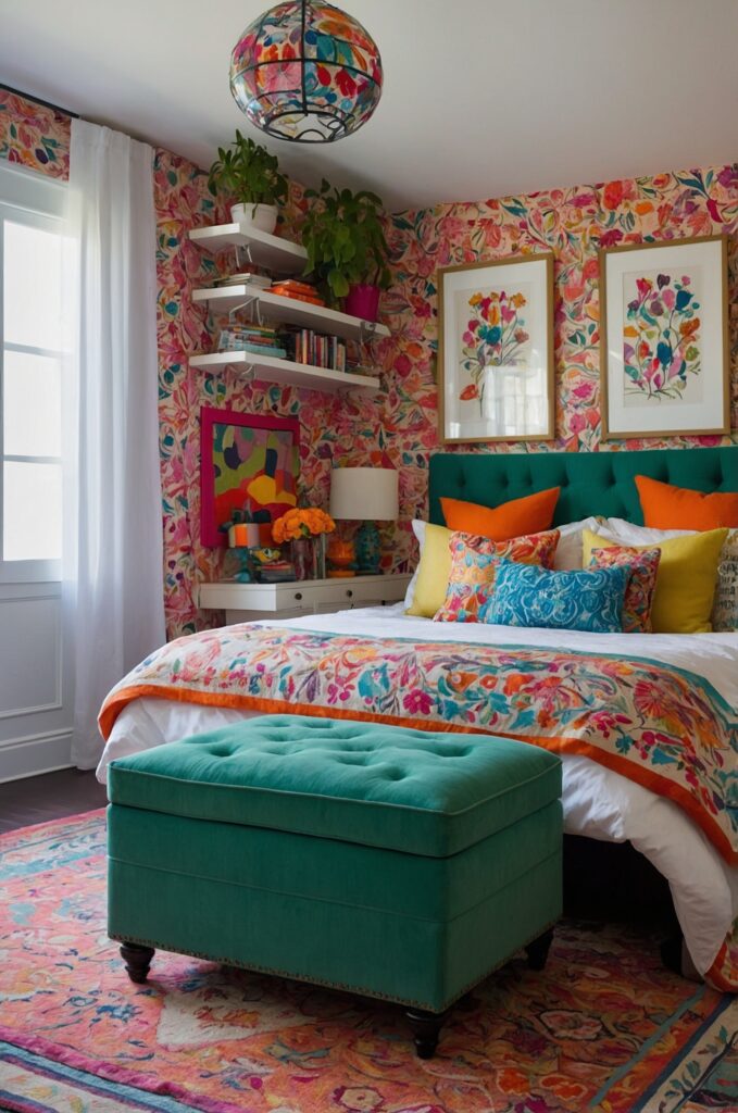 A colorful small bedroom with bold wallpaper, mixed-pattern bedding, and vibrant decor.