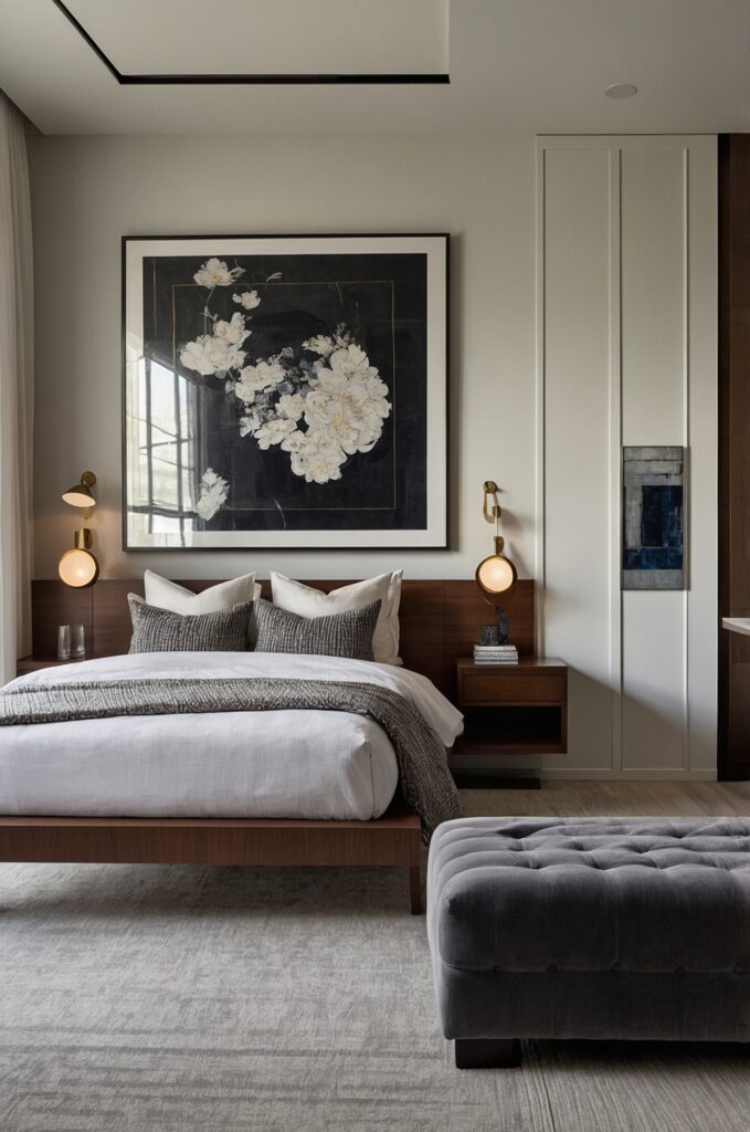 A contemporary small bedroom with a sleek design and minimalistic furniture.