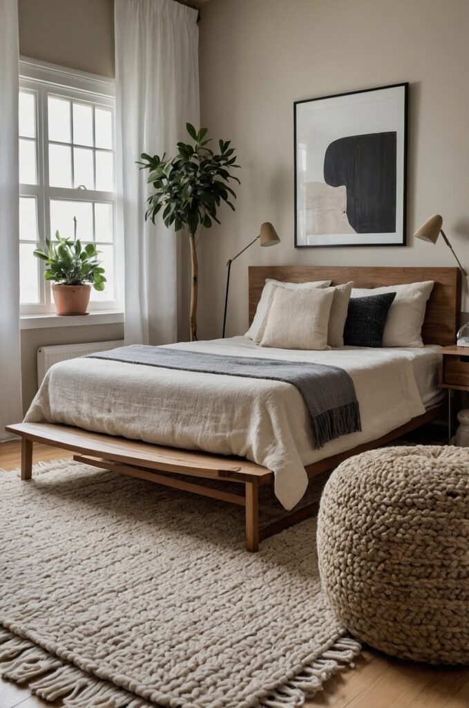 A cozy minimalist small bedroom with a low-profile bed and soft neutral tones.