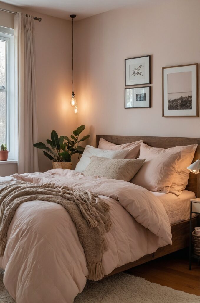 A cozy small room designed as an aesthetic bedroom with warm tones and layered textiles.