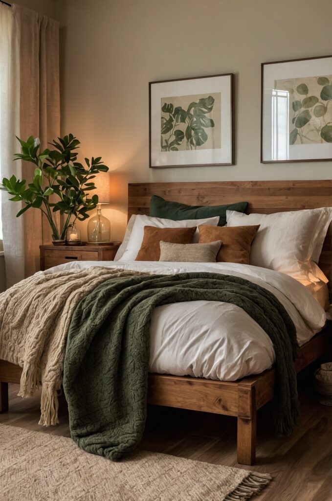 A cozy small bedroom with warm colors and comfortable seating.
