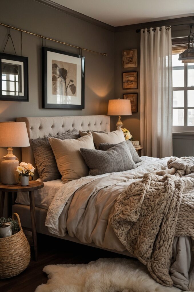 A cozy and inviting small bedroom with warm colors and personal decor.