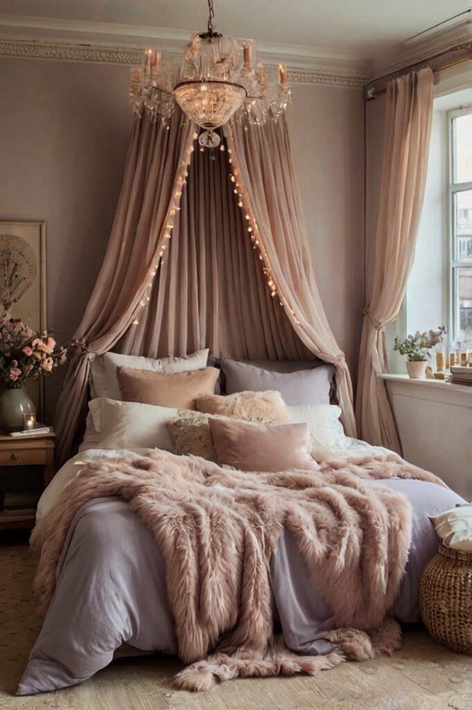 A dreamy small room designed as an aesthetic bedroom with soft pastels and whimsical decor.