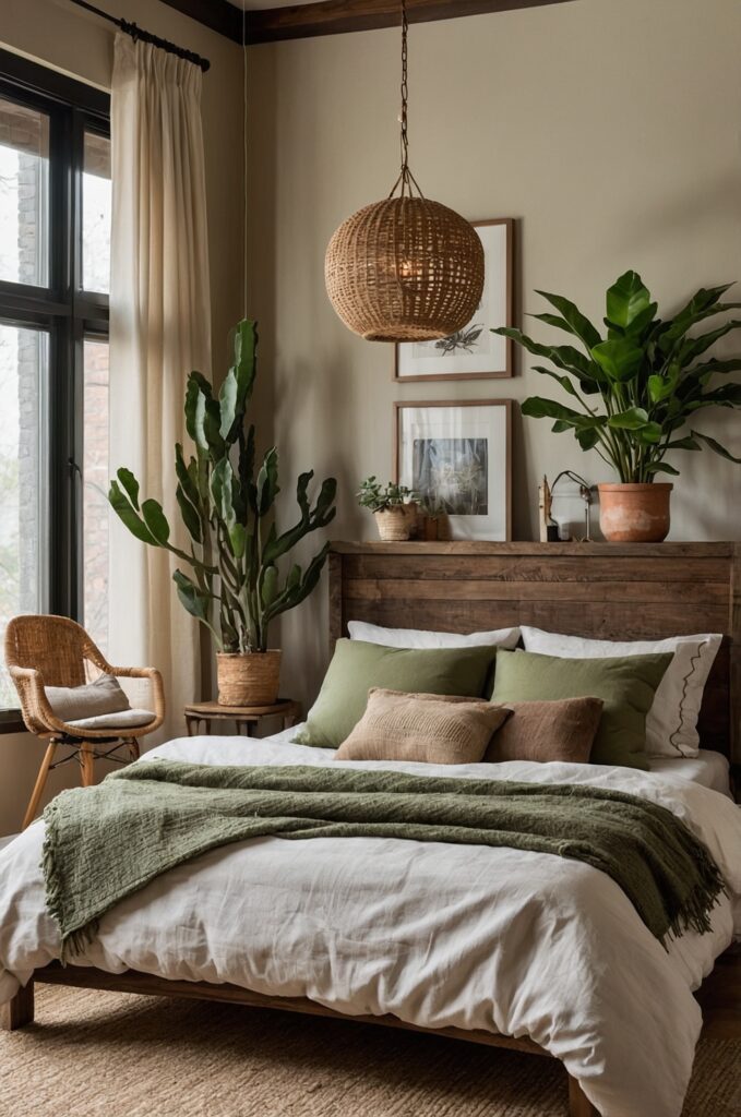 An earthy small bedroom with natural materials and indoor plants.