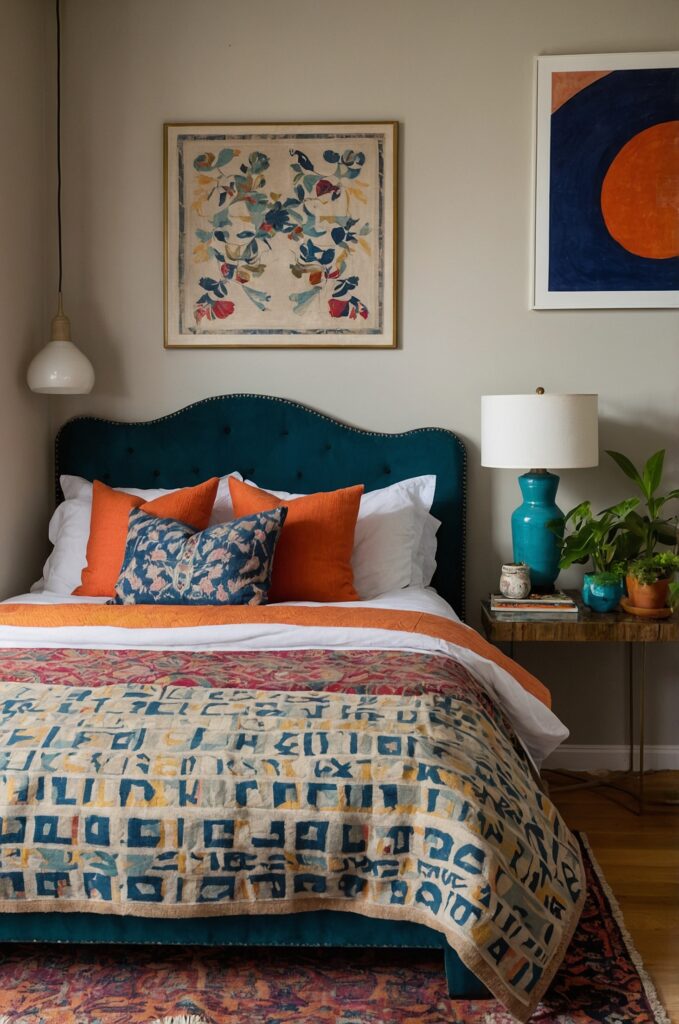 An eclectic small bedroom with a vibrant mix of patterns and unique decor.