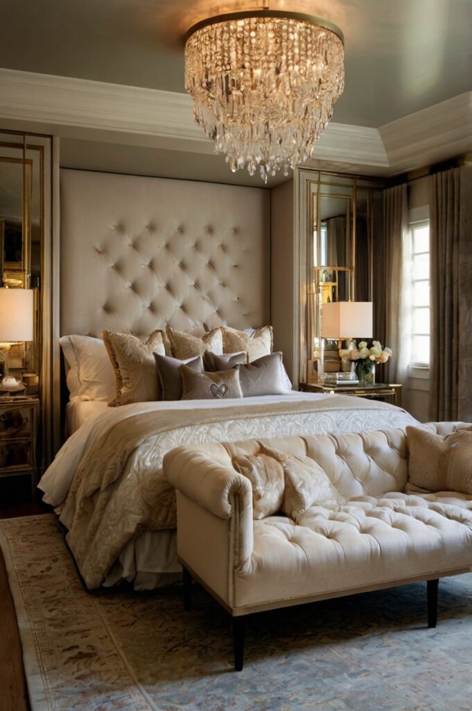 An elegant small room that is a luxurious aesthetic bedroom with rich colors and a chandelier.