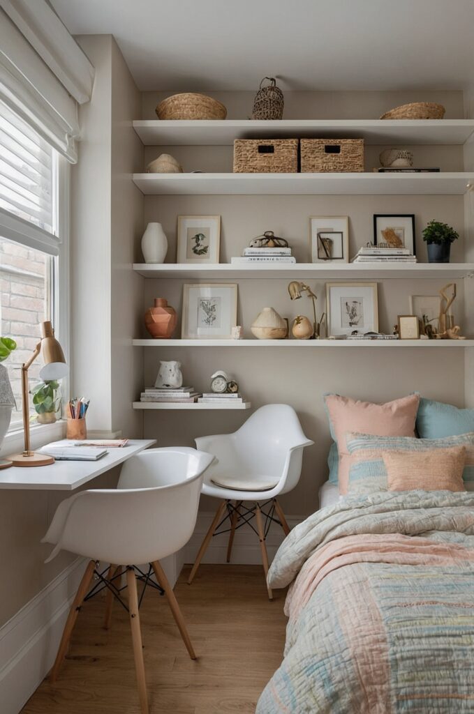 A functional small bedroom with practical furniture and organized storage.