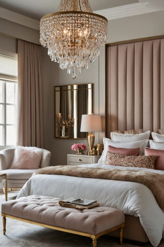 A glamorous small room styled as an aesthetic bedroom with a luxurious bed and elegant decor.