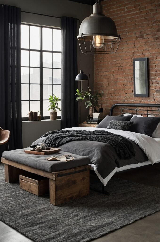 An industrial small room designed as an aesthetic bedroom with exposed brick walls and metal accents.