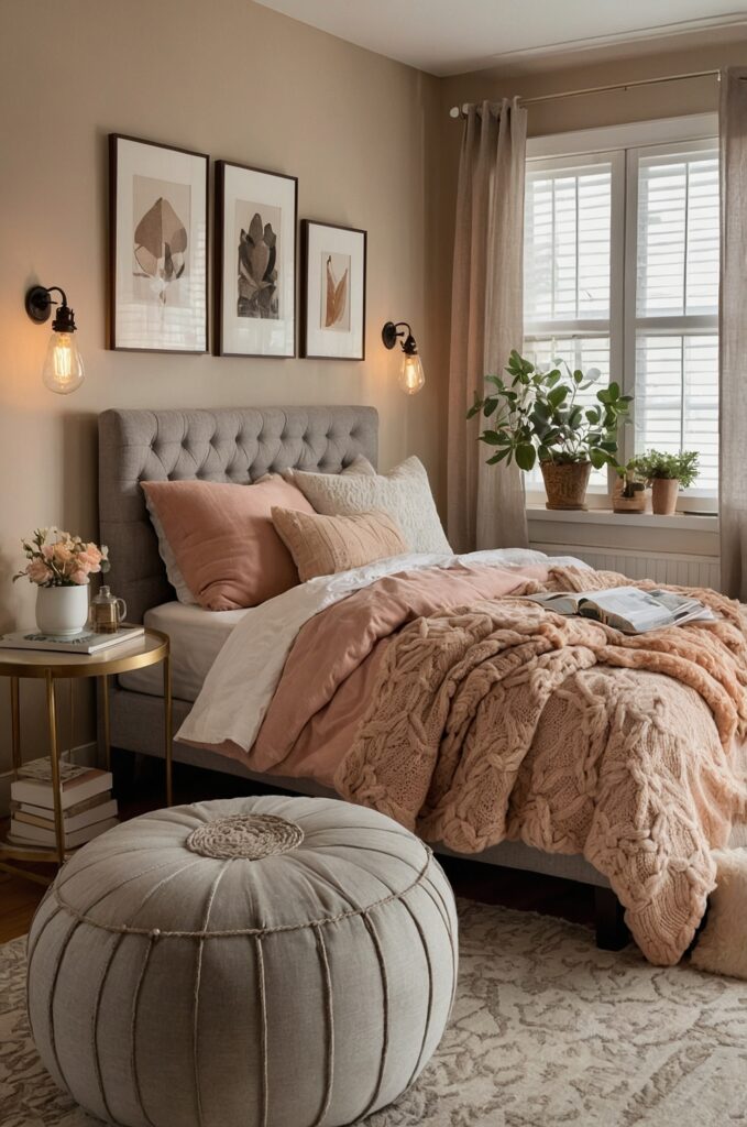 An inviting small bedroom with warm tones and personal decor items.