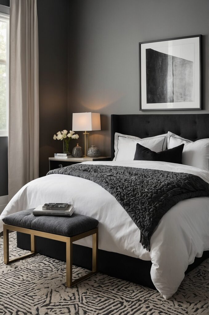 A monochrome small bedroom with varying shades of a single color and minimal decor.