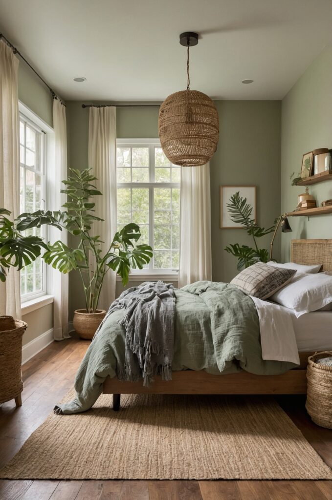 A nature-inspired small room designed as an aesthetic bedroom with earthy colors and indoor plants.
