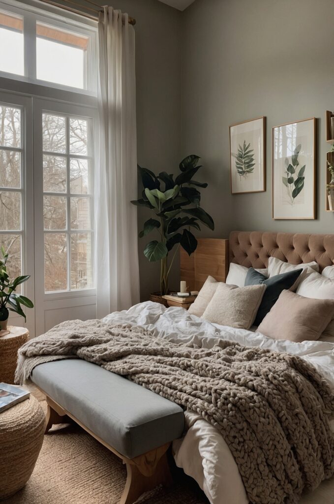 A relaxing small bedroom with pastel colors, a cozy bed, and a peaceful reading nook.
