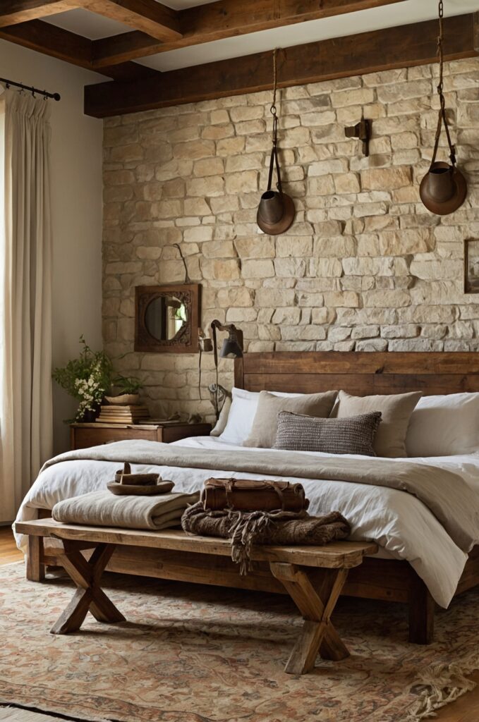 A rustic small room designed as an aesthetic bedroom with natural wood elements and warm tones.