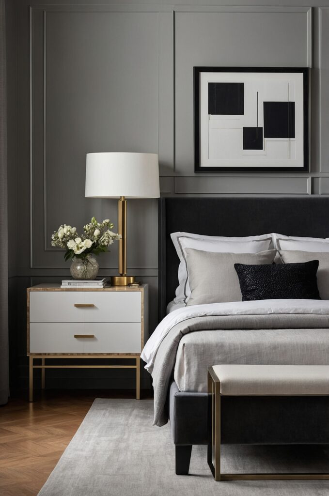 A sleek small bedroom with a polished design and modern furniture.