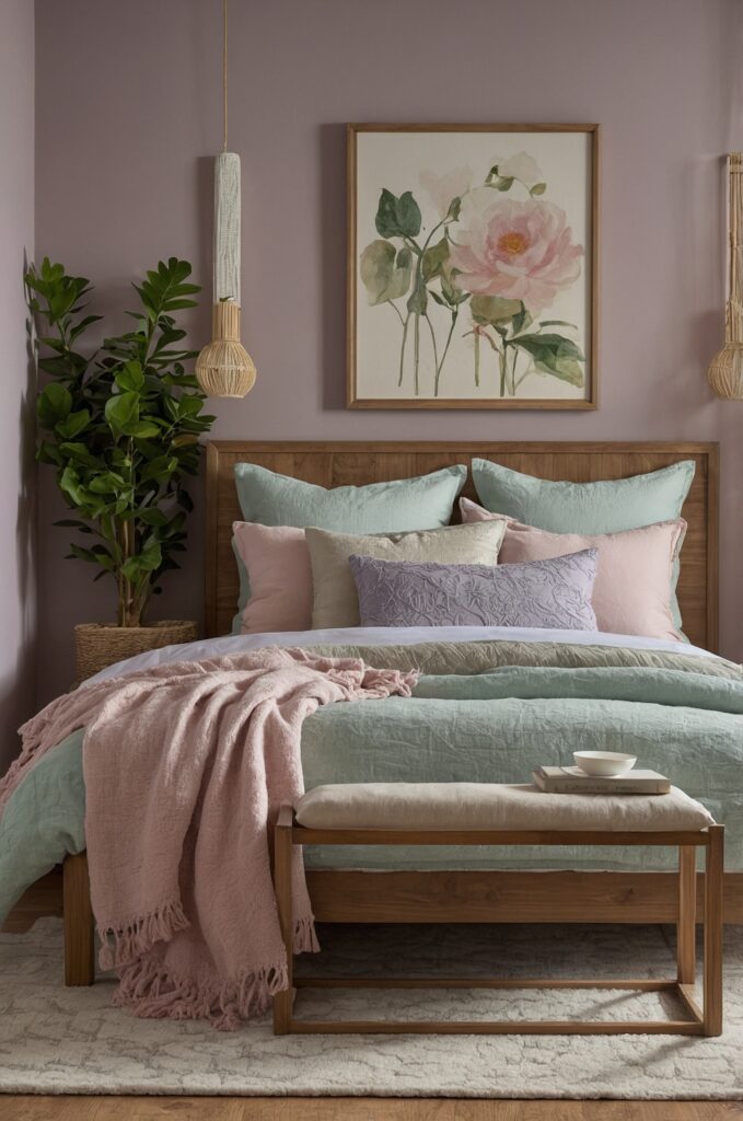 A small bedroom with a soft color palette and calming decor.