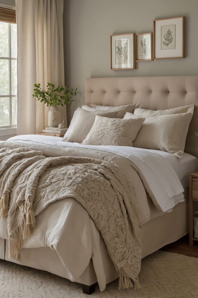 A soft and serene small room designed as an aesthetic bedroom with gentle colors and plush bedding.