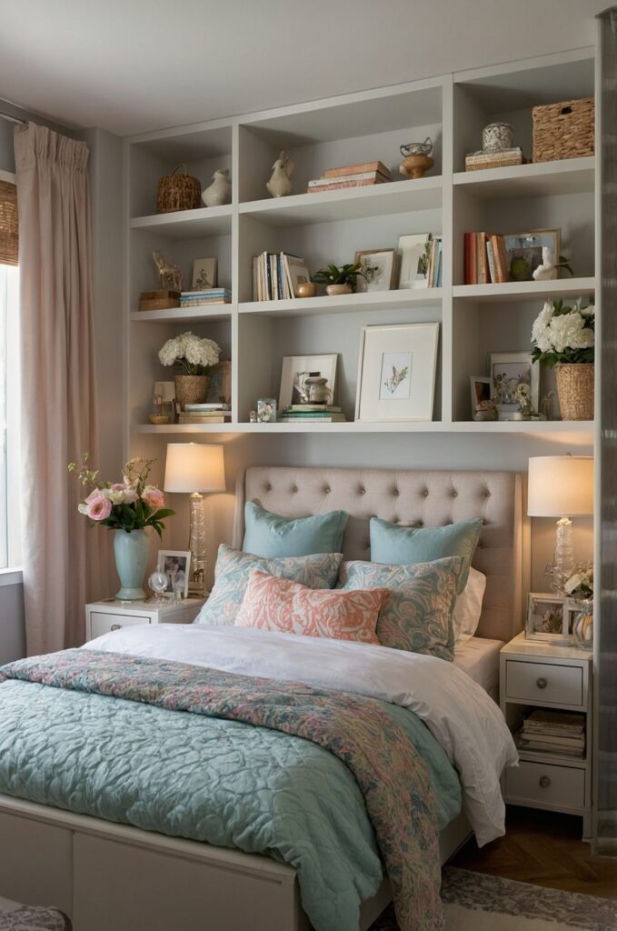 A space-enhancing small bedroom with light colors and clever storage solutions.