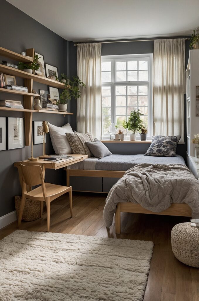 A space-optimized small bedroom with a multifunctional bed, floating shelves, and a light color palette.