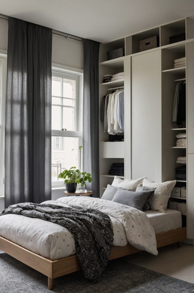 A space-saving small room designed as an aesthetic bedroom with multifunctional furniture and clever storage.