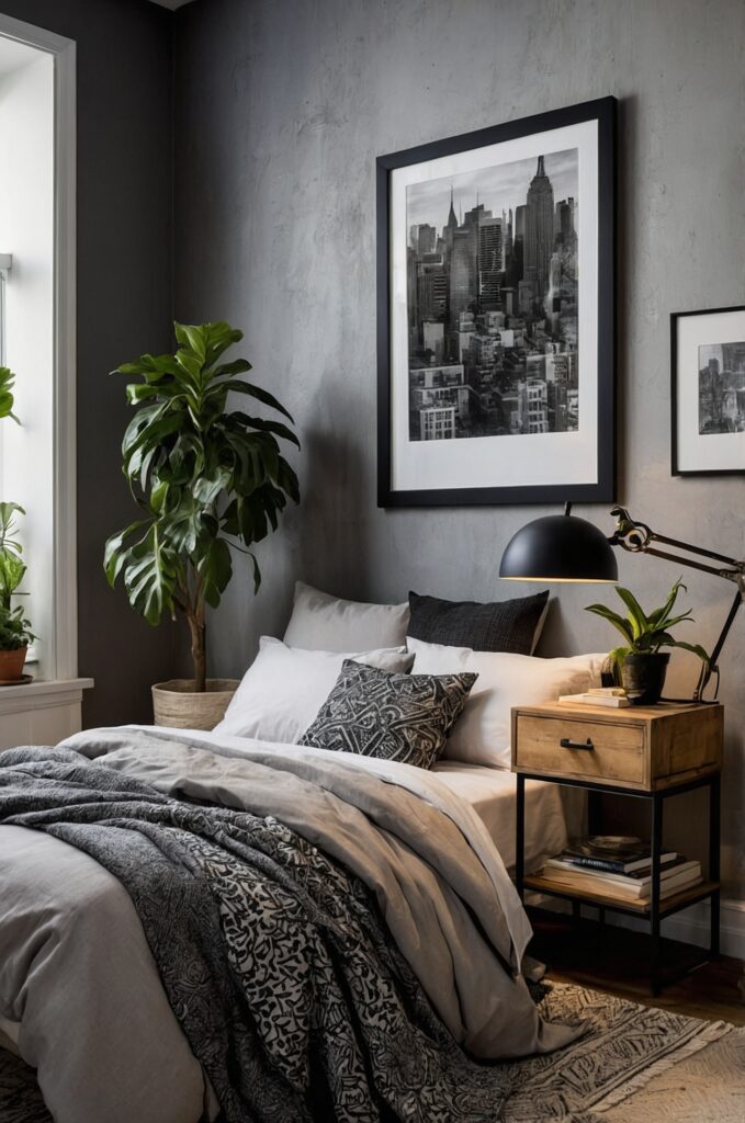 An urban small bedroom with industrial elements and cozy textiles.