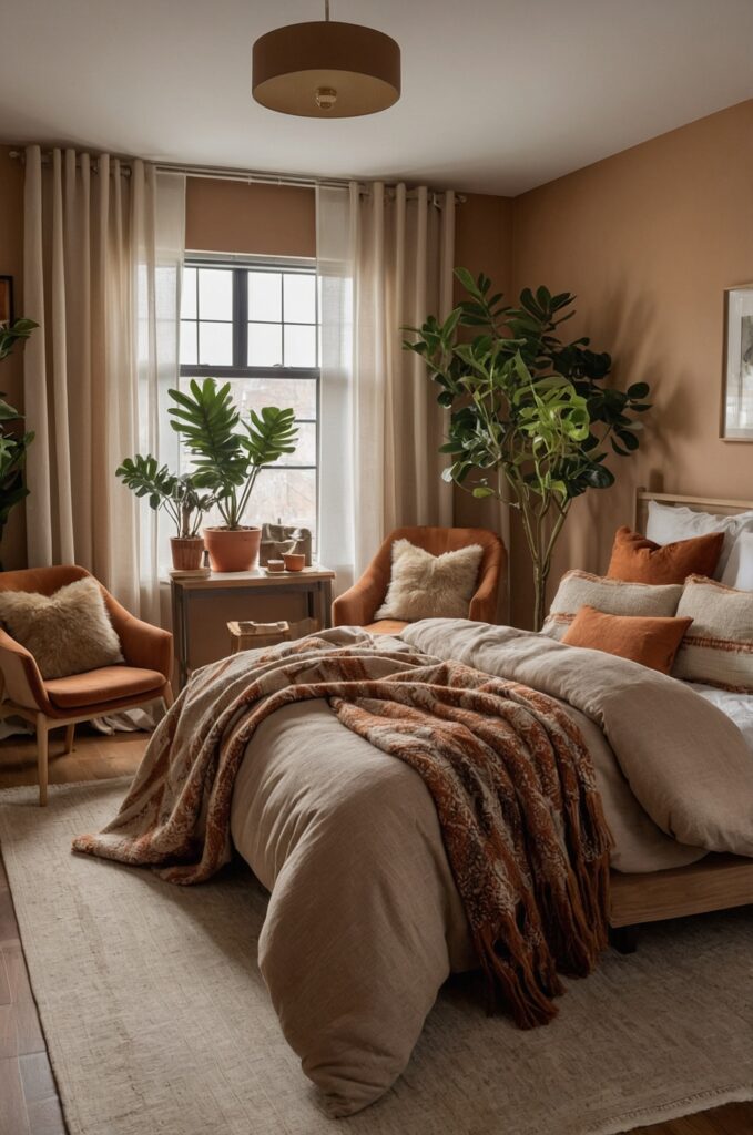 A warm small bedroom with earth tones, a cozy bed, and soft lighting.