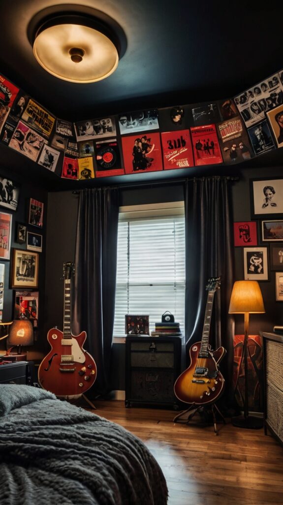 Classic rock bedroom with black bedding, vintage posters, and a turntable.