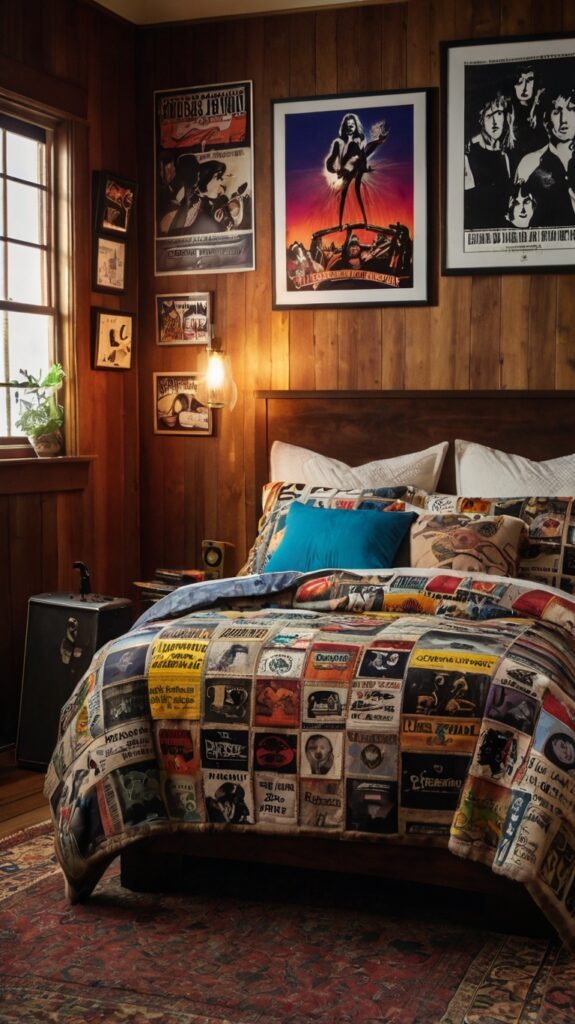 Classic rock bedroom with retro quilt, iconic band posters, and vinyl records.