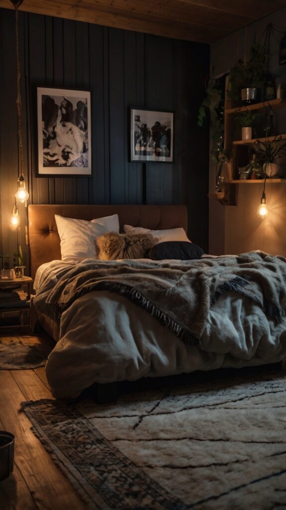 Cozy rock bedroom with dark linens, band art, and string lights.