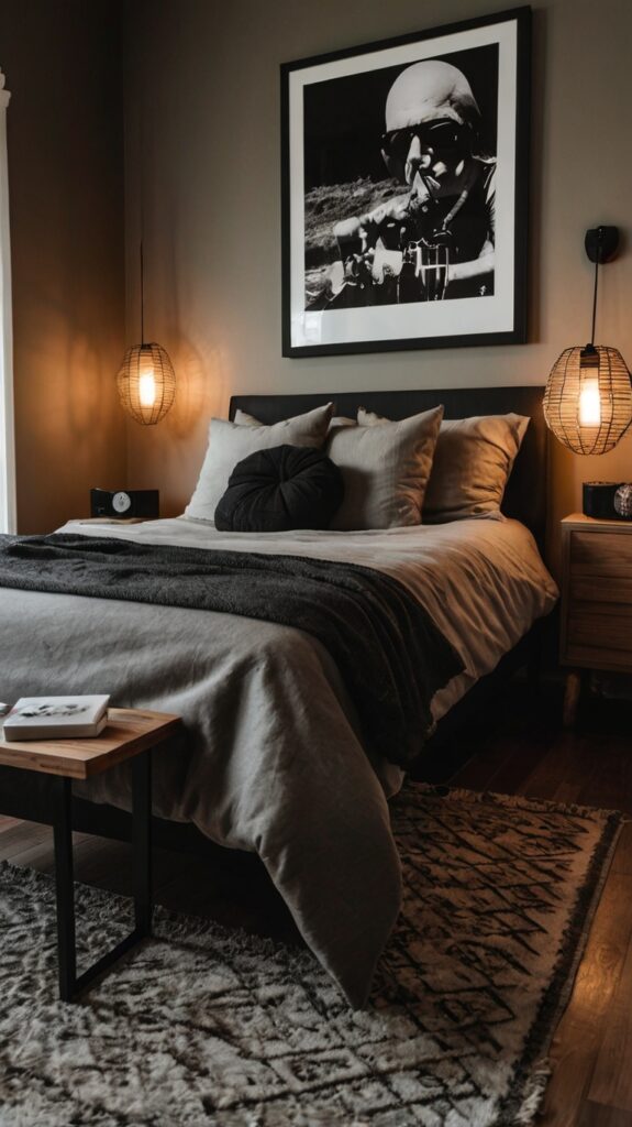 Simple rock bedroom with band pillows, posters, and cozy lighting.